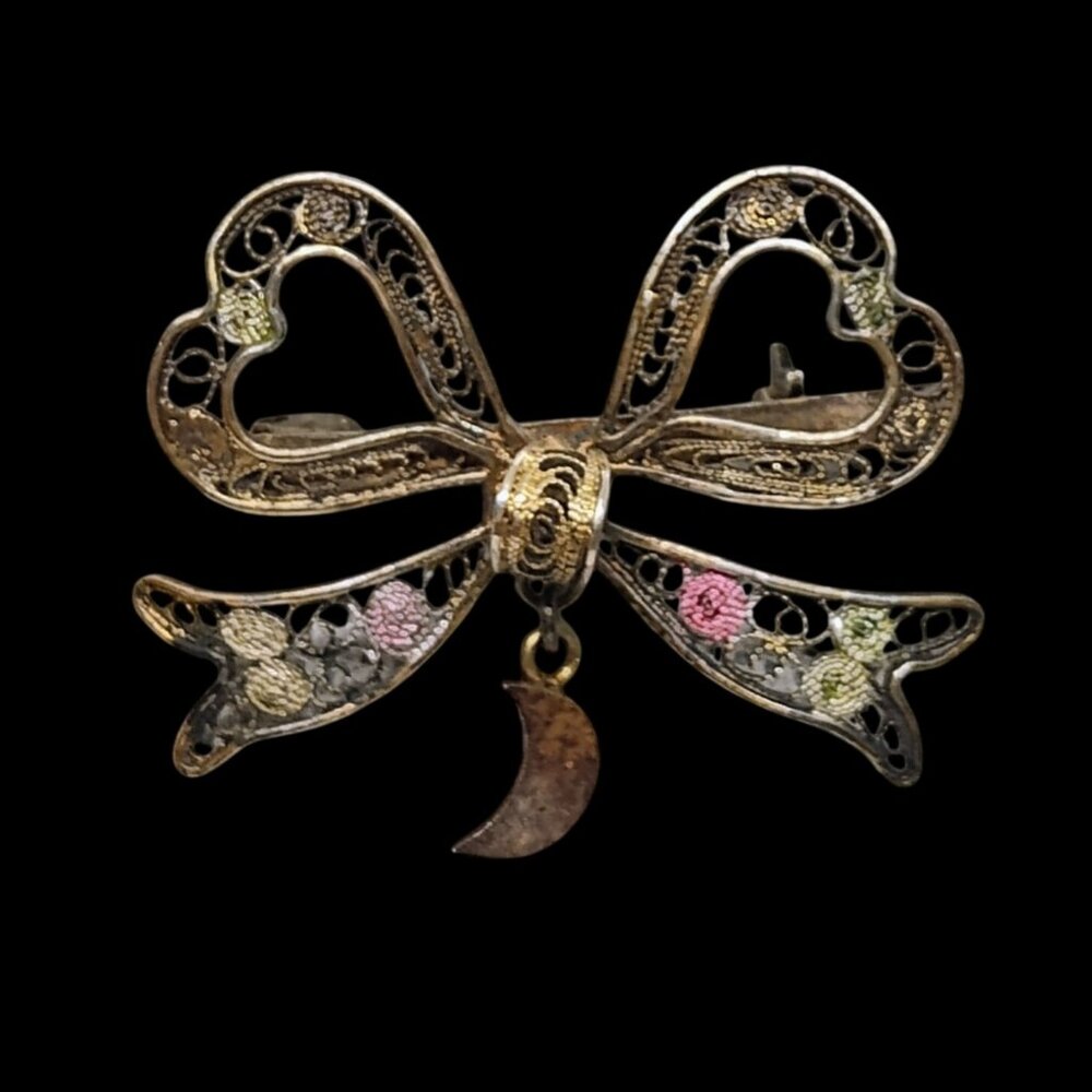 Vtg 800 Silver Filigree Heart Shaped Bow Ribbon Brooch w/Moon Dangle